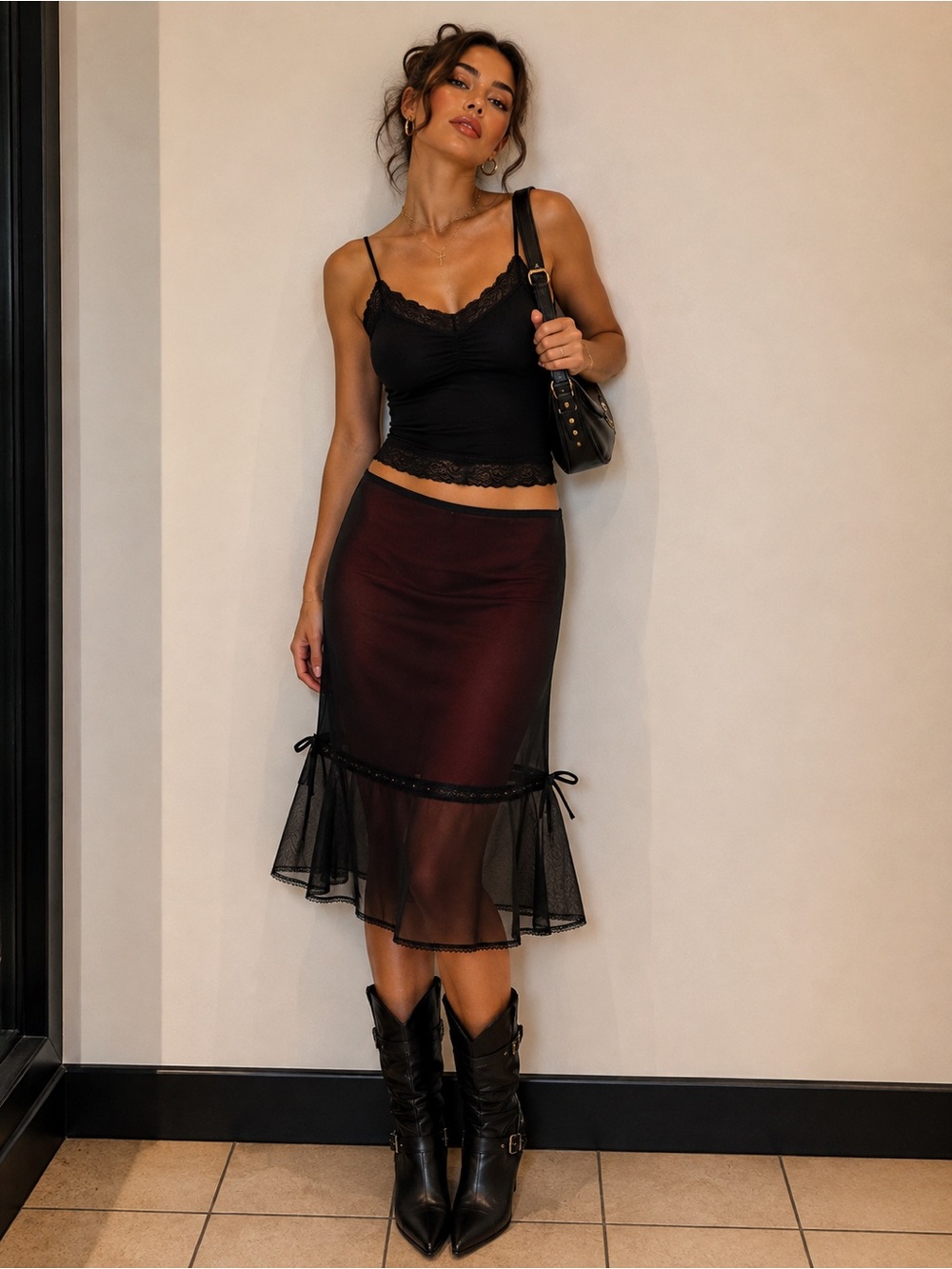 VNTG Y2K Forever 21 Black Sheer Red Lined Midi Skirt Bows USA M